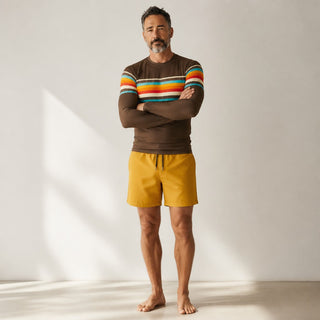 Men's 70s Retro Stripe Rash Guard - Brown Rash Guards & Swim Shirts Berry Jane™