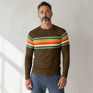 Men's 70s Retro Stripe Rash Guard - Brown Rash Guards & Swim Shirts Berry Jane™