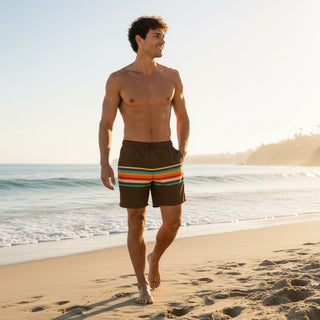 Men's Brown Vintage 70s Style Stripe 6.5" Swim Trunks, UPF 50+ Swim Trunks Berry Jane™