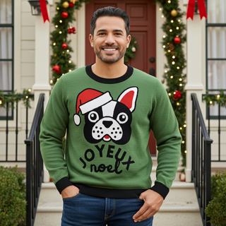 Mens Christmas Sweater, French Bulldog, Dog Dad, Bulldog, Green, Ugly Christmas Sweaters, Novelty Sweaters