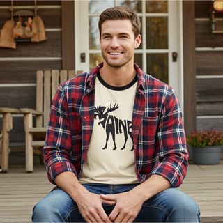 Maine Moose Vintage Style Graphic Ringer T-Shirt, Natural T-Shirts Berry Jane™