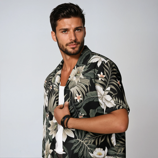 Men's Short Sleeve Hawaiian Shirt, Black Hawaiian Lily Men's Shirts Berry Jane™