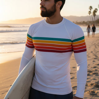 Men's 70s Retro Stripe Rash Guard - White