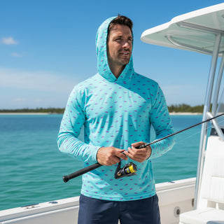 Men's Long Sleeve Lightweight UV Shirt with Hoodie, Hot Pink Fish Men's UV Shirts Berry Jane™