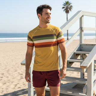 Men's Short Sleeve Vintage Stripe Rash Guard, Mustard Gold Coast