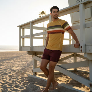Men's Short Sleeve Vintage Stripe Rash Guard, Mustard Gold Coast