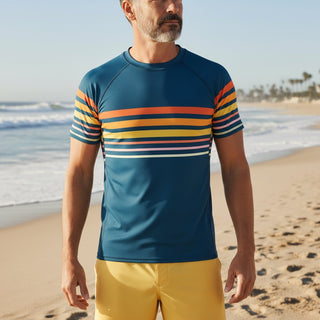 Men's Short Sleeve Vintage Stripe Rash Guard, 70s Blue Stripe Rash Guards & Swim Shirts Berry Jane™