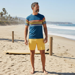 Men's Short Sleeve Vintage Stripe Rash Guard, 70s Blue Stripe Rash Guards & Swim Shirts Berry Jane™