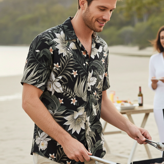 men's beach shirt, hawaiian floral shirt, black