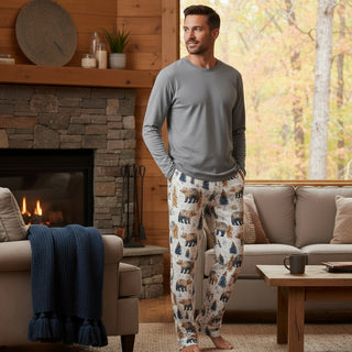 Men's Cozy Cabin Bears Fall Winter Pajama Pants, Couples Matching PJs Pajama Pants Berry Jane™