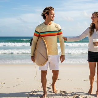 Men's Vintage Style 70s Stripe Rash Guard, UPF 40+, Light Yellow