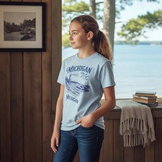 Kids Michigan The Great Lakes State Graphic T-Shirt, Blue Kids T-Shirts Berry Jane™