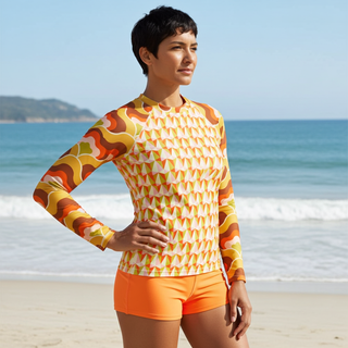 Women's UPF 50+ Rash Guard, 60s 70s Mod Print - Sun Protection Swimwear Rash Guards & Swim Shirts Berry Jane™