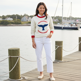 Nantucket Whale Tail Knit Crew Neck Sweater, Americana Nautical Coastal Style Sweaters Berry Jane™