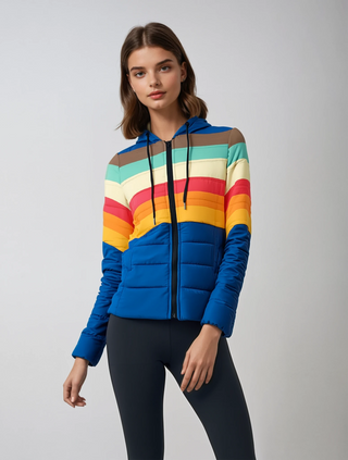 Women's 70s Stripe Retro Puffer Hoodie Jacket,  Blue Puffer Jacket Berry Jane