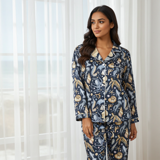 Women's Ocean Sea Creatures Silky Pajama Pants Set, Navy Blue Women's Pajama Sets Berry Jane™