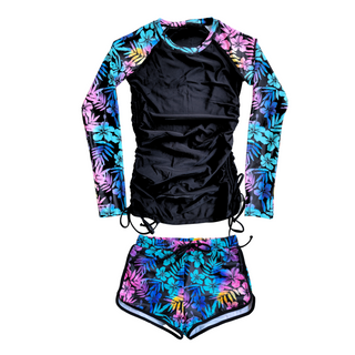 UPF Long Sleeve Rash Guard Swim Shorts 2 Pc. Set, Dolphin Hem Shorts Rash Vest Swimsuit Set, Ombre Floral Hawaiian long sleeve swimsuits Berry Jane™