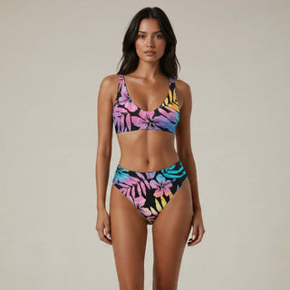 Women's Recycled High-Waist Bralette Bikini Set, Rainbow Floral Hibiscus 2 Pc Swimsuit Set Berry Jane™