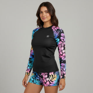 Women's UPF 50 Rash guard with built-in lining bralette, Hawaiian floral print, black