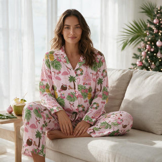 Beach Christmas Pajamas, Women's Tropical Christmas Pajama Set (Pink) Pajama Sets Berry Jane