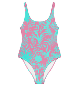 Women's One-Piece Swimsuit, Tropical Pink Sea Blue Floral Leaf one piece swimsuit Berry Jane™