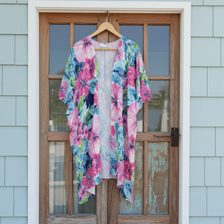 Womens Long Kimono Sleeve Swimsuit Cover-up, Hibiscus Blooms Swimsuit Cover-up Berry Jane