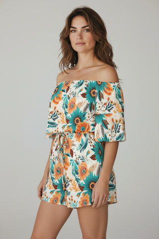 Women's Off-Shoulder Shorts Romper, Mexican Floral Rompers Berry Jane