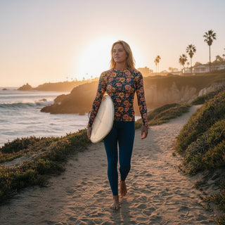 Women's Navy Blue Retro 70s Floral Rash Guard, UPF 50+ Rash Guards & Swim Shirts Berry Jane™