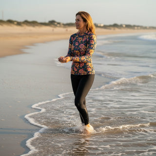 Women's Navy Blue Retro 70s Floral Rash Guard, UPF 50+ Rash Guards & Swim Shirts Berry Jane™