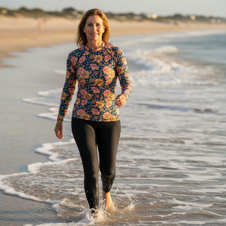 Women's Navy Blue Retro 70s Floral Rash Guard, UPF 50+ Rash Guards & Swim Shirts Berry Jane™