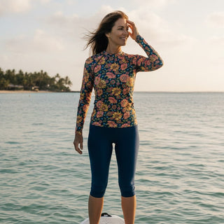 Women's Navy Blue Retro 70s Floral Rash Guard, UPF 50+ Rash Guards & Swim Shirts Berry Jane™