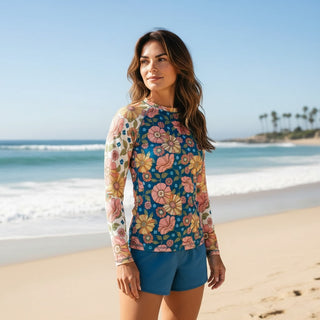 Women's UPF Rash Guard Built-In Bralette - 70s Retro Floral