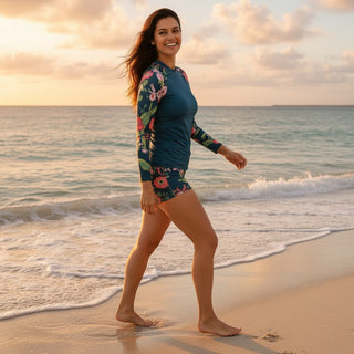 Juniors 2 Piece UPF Shorts and Rash Guard Swimsuit Set - Seychelles Floral Swimwear Berry Jane™