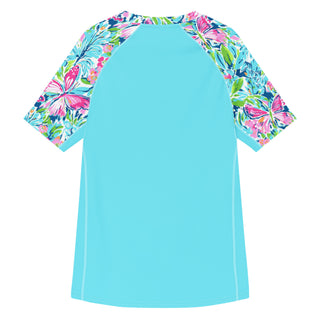 UPF short sleeve rash guard, butterfly floral turquoise
