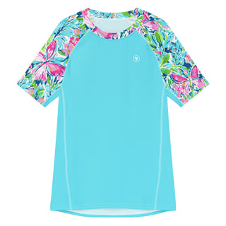 UPF short sleeve rash guard, butterfly floral turquoise