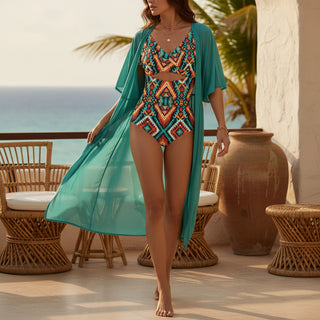 Women's Boho Southwestern Twist Front Ruffle Sleeve One-Piece Swimsuit Swimwear Berry Jane