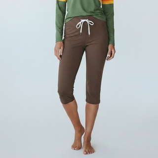 Women's Brown UPF50 Lined Swim Capri Leggings, Drawstring Inner Brief