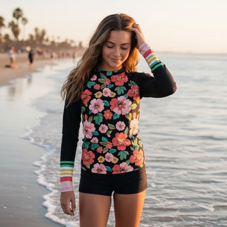 Tween & Teen Girls Rash Guard UPF 50+ (Sizes 8–20) - Vintage Floral Stripe Kids Rash Guards & Swim Shirts Berry Jane™