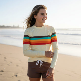 Tween & Teen Girls Rash Guard UPF 50+ (Sizes 8–20) -Vintage 70s Stripe Yellow