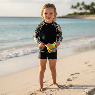 Girls Rash Guard UPF 50+ Sizes 2T–7 - Black Hawaiian Lily