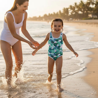 Girls UPF One Piece Swimsuit (2T-7), Jade Green Mermaid Scales Kids Swimwear Berry Jane™