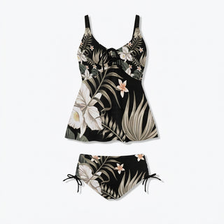 Women's Two Piece Tankini Swimsuit, Black Hawaiian Lily Swimwear Berry Jane