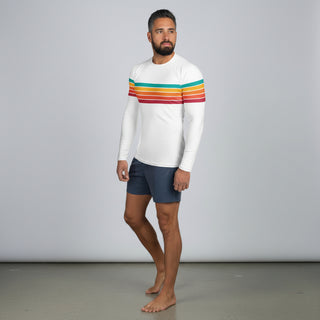 Men's 70s Retro Stripe Rash Guard - White
