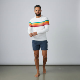 Men's 70s Retro Stripe Rash Guard - White