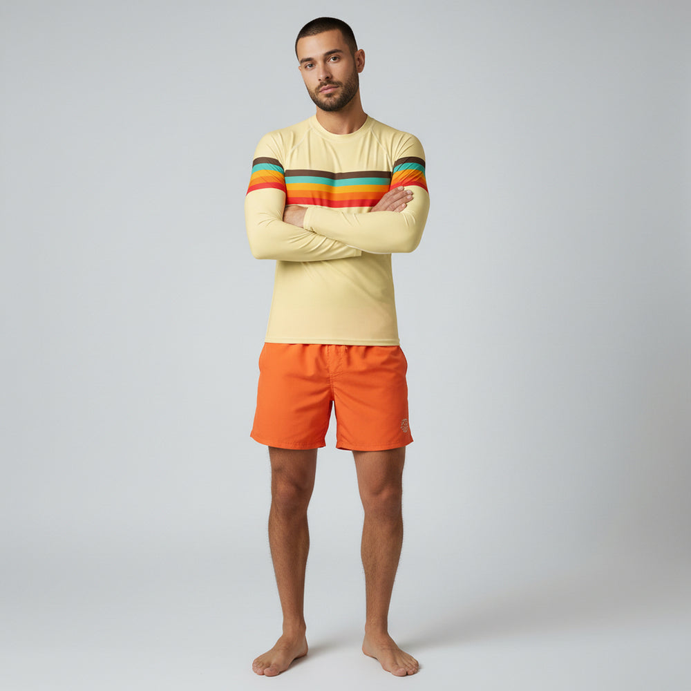 Men's Vintage Style 70s Stripe Rash Guard, UPF 40+, Light Yellow ...
