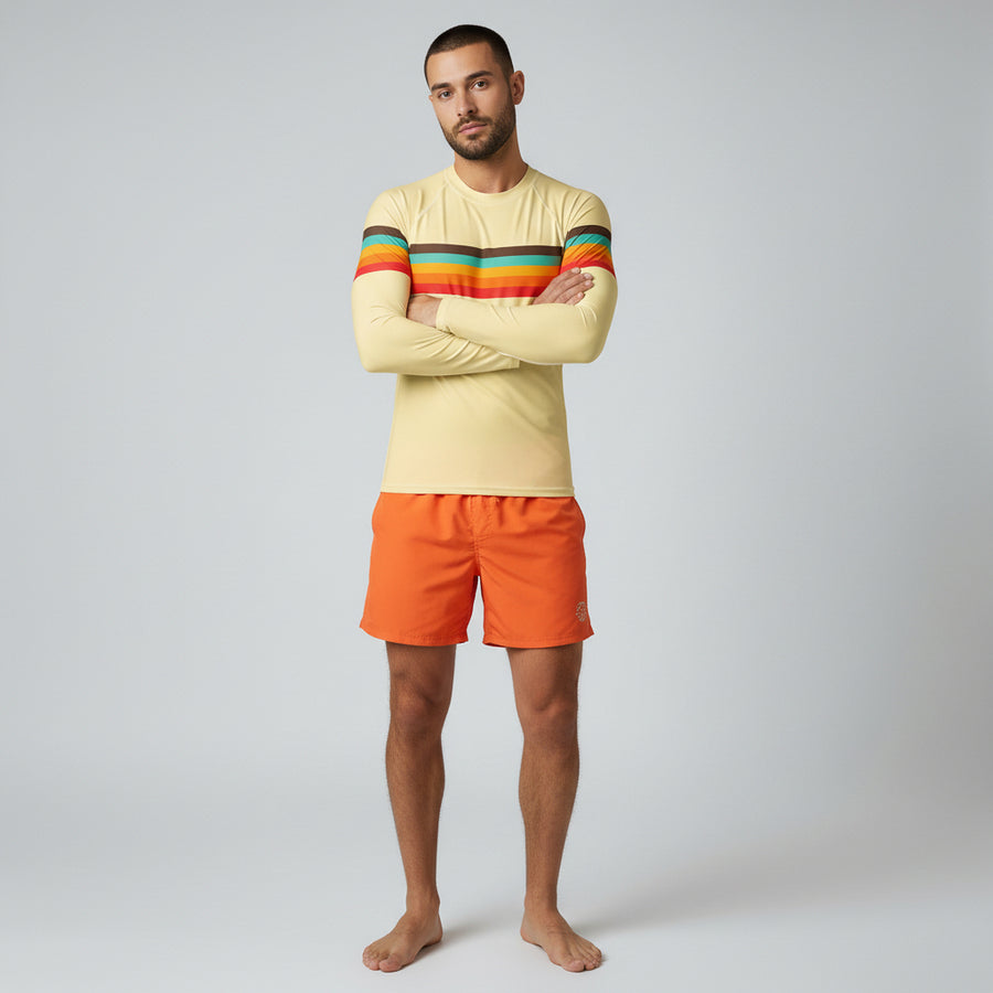 Men's Vintage Style 70s Stripe Rash Guard, UPF 40+, Light Yellow ...