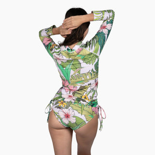 Women's Ruched Sides Long Sleeve Swimsuit Set, UPF 50 - Vintage Tropical Floral long sleeve swimsuits Berry Jane™