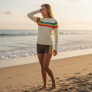 Women's UPF Rash Guard Built-In Bralette - 70s Vintage Yellow Stripe Rash Guards & Swim Shirts Berry Jane™