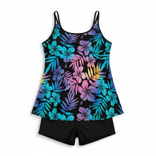 women's tankini swimsuits - ombre Hawaiian floral shorts swimsuit set