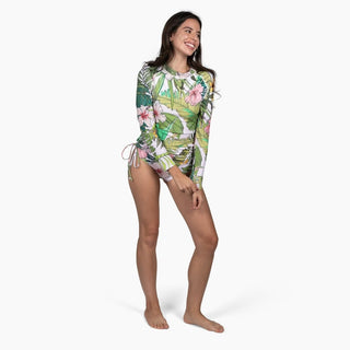 Women's Ruched Sides Long Sleeve Swimsuit Set, UPF 50 - Vintage Tropical Floral long sleeve swimsuits Berry Jane™